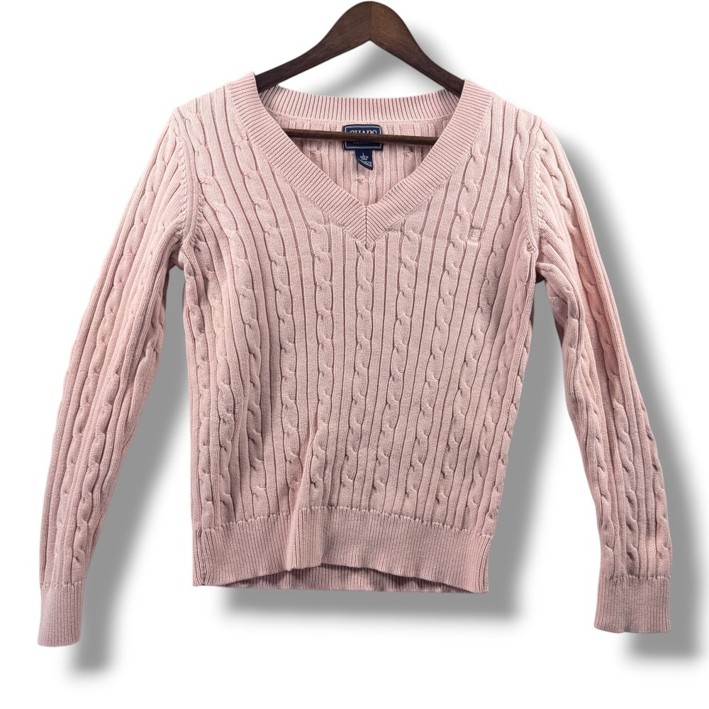 Chaps Classics Pink Cable Knit V-Neck Cotton Sweater Womens Large